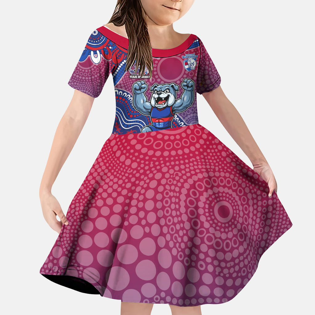 Personalized Western Bulldogs Football Mascot Kid Short Sleeve Dress Aboriginal Dot Art Style Vibrant Indigenous Pattern Design