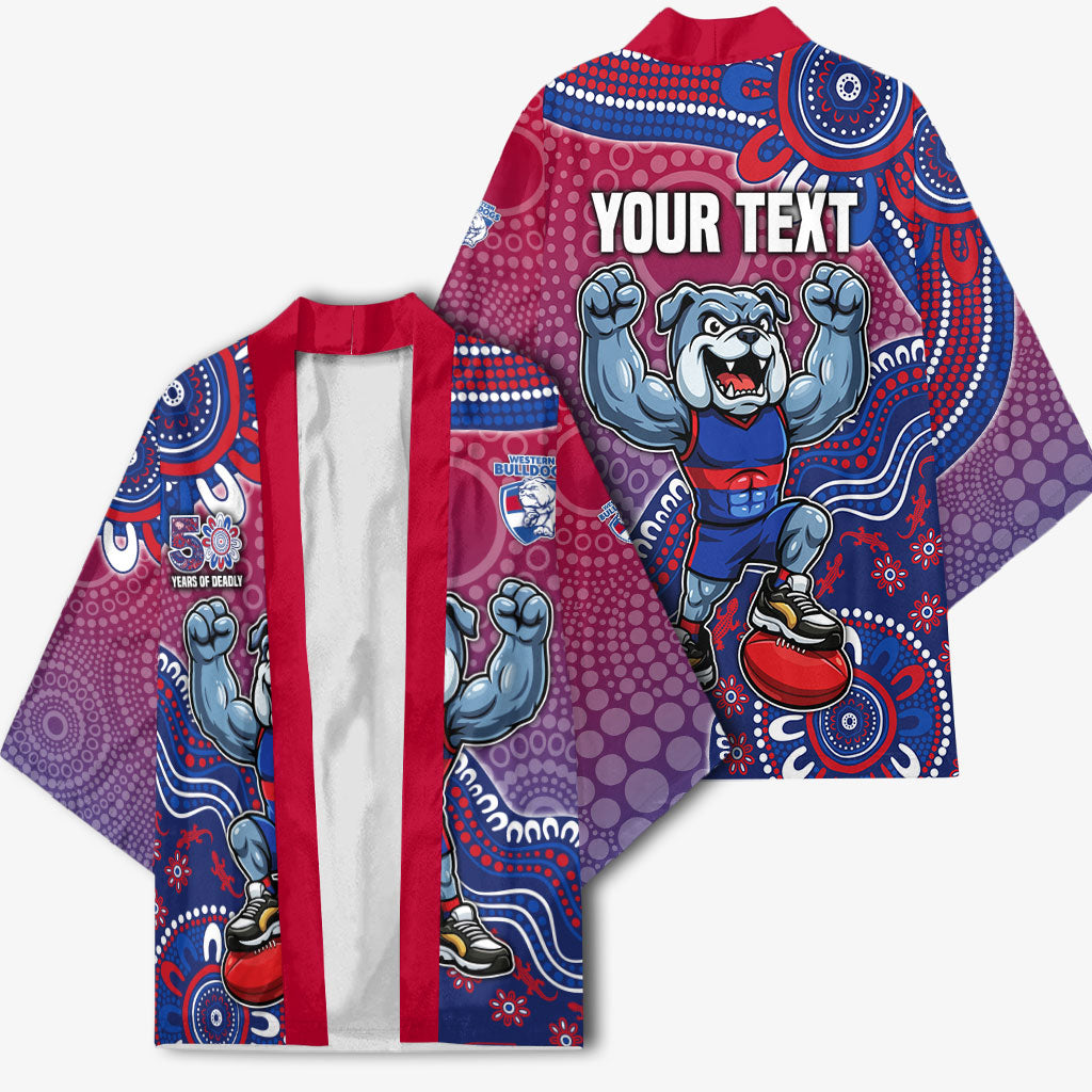 Personalized Western Bulldogs Football Mascot Kimono Aboriginal Dot Art Style Vibrant Indigenous Pattern Design