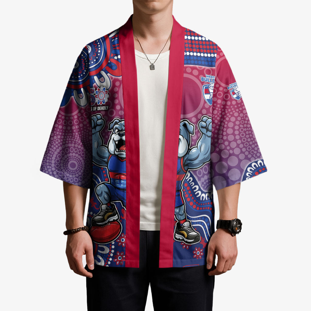 Personalized Western Bulldogs Football Mascot Kimono Aboriginal Dot Art Style Vibrant Indigenous Pattern Design