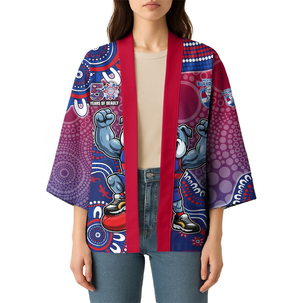 Personalized Western Bulldogs Football Mascot Kimono Aboriginal Dot Art Style Vibrant Indigenous Pattern Design