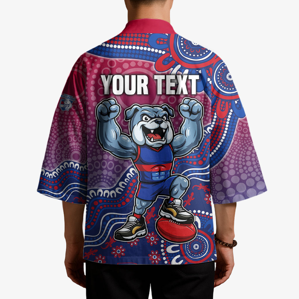 Personalized Western Bulldogs Football Mascot Kimono Aboriginal Dot Art Style Vibrant Indigenous Pattern Design