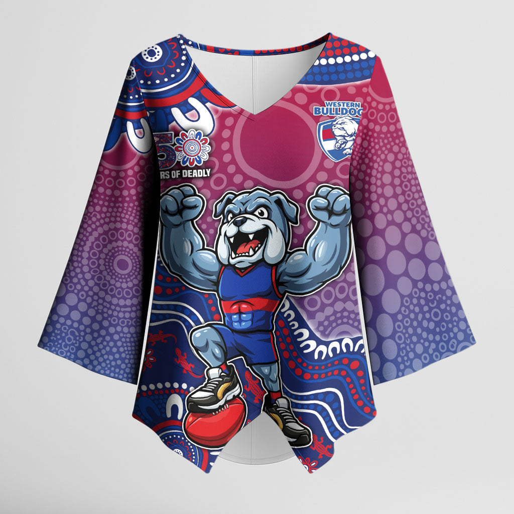 Personalized Western Bulldogs Football Mascot Kimono Sleeve Blouse Aboriginal Dot Art Style Vibrant Indigenous Pattern Design
