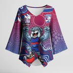 Personalized Western Bulldogs Football Mascot Kimono Sleeve Blouse Aboriginal Dot Art Style Vibrant Indigenous Pattern Design