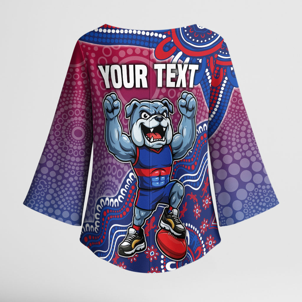 Personalized Western Bulldogs Football Mascot Kimono Sleeve Blouse Aboriginal Dot Art Style Vibrant Indigenous Pattern Design
