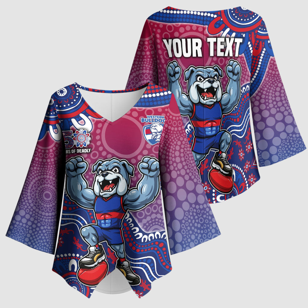 Personalized Western Bulldogs Football Mascot Kimono Sleeve Blouse Aboriginal Dot Art Style Vibrant Indigenous Pattern Design
