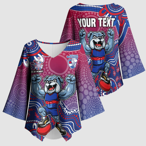 Personalized Western Bulldogs Football Mascot Kimono Sleeve Blouse Aboriginal Dot Art Style Vibrant Indigenous Pattern Design