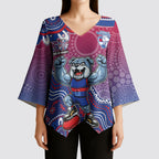 Personalized Western Bulldogs Football Mascot Kimono Sleeve Blouse Aboriginal Dot Art Style Vibrant Indigenous Pattern Design