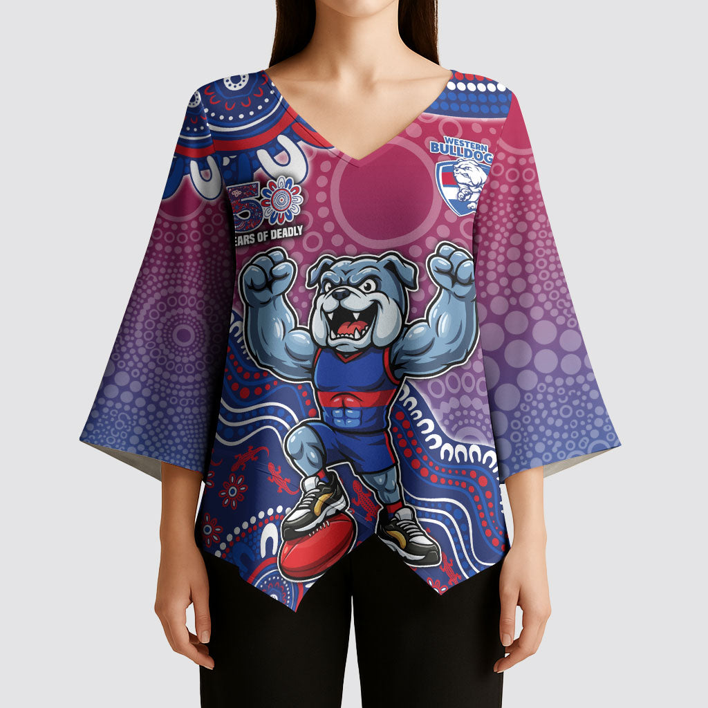 Personalized Western Bulldogs Football Mascot Kimono Sleeve Blouse Aboriginal Dot Art Style Vibrant Indigenous Pattern Design