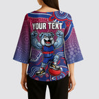 Personalized Western Bulldogs Football Mascot Kimono Sleeve Blouse Aboriginal Dot Art Style Vibrant Indigenous Pattern Design