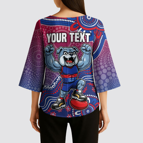 Personalized Western Bulldogs Football Mascot Kimono Sleeve Blouse Aboriginal Dot Art Style Vibrant Indigenous Pattern Design