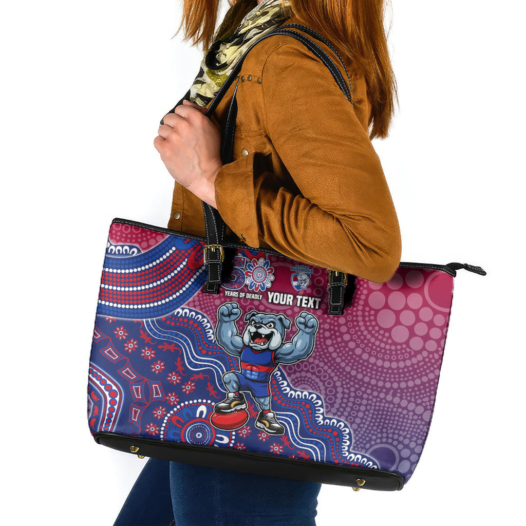 Personalized Western Bulldogs Football Mascot Leather Tote Bag Aboriginal Dot Art Style Vibrant Indigenous Pattern Design