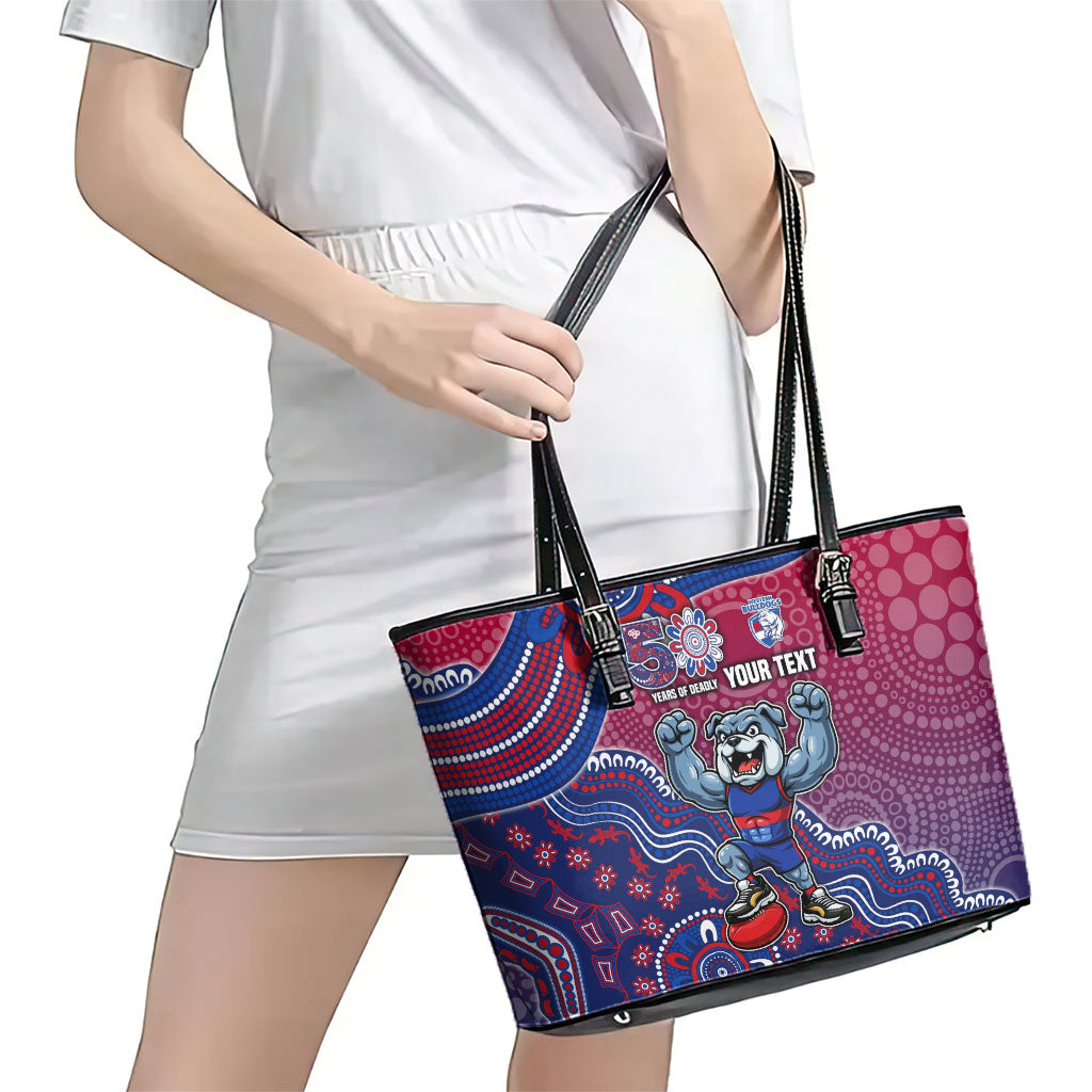 Personalized Western Bulldogs Football Mascot Leather Tote Bag Aboriginal Dot Art Style Vibrant Indigenous Pattern Design