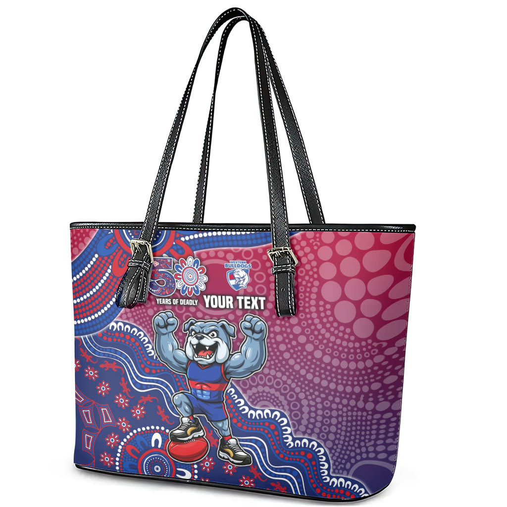 Personalized Western Bulldogs Football Mascot Leather Tote Bag Aboriginal Dot Art Style Vibrant Indigenous Pattern Design