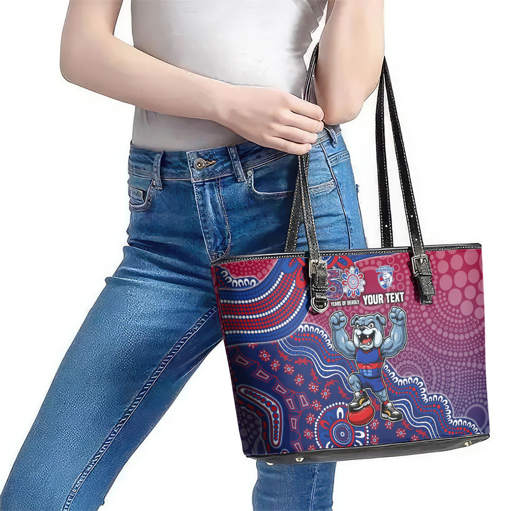 Personalized Western Bulldogs Football Mascot Leather Tote Bag Aboriginal Dot Art Style Vibrant Indigenous Pattern Design