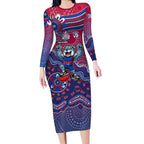 Personalized Western Bulldogs Football Mascot Long Sleeve Bodycon Dress Aboriginal Dot Art Style Vibrant Indigenous Pattern Design