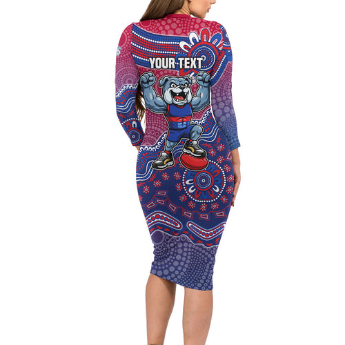 Personalized Western Bulldogs Football Mascot Long Sleeve Bodycon Dress Aboriginal Dot Art Style Vibrant Indigenous Pattern Design