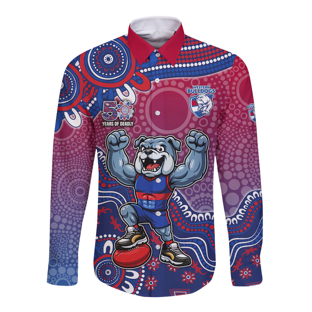 Personalized Western Bulldogs Football Mascot Long Sleeve Button Shirt Aboriginal Dot Art Style Vibrant Indigenous Pattern Design