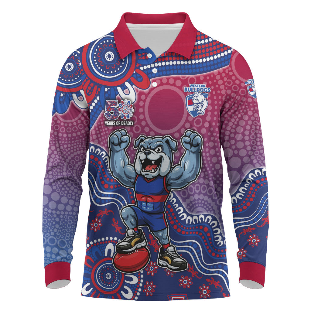 Personalized Western Bulldogs Football Mascot Long Sleeve Polo Shirt Aboriginal Dot Art Style Vibrant Indigenous Pattern Design