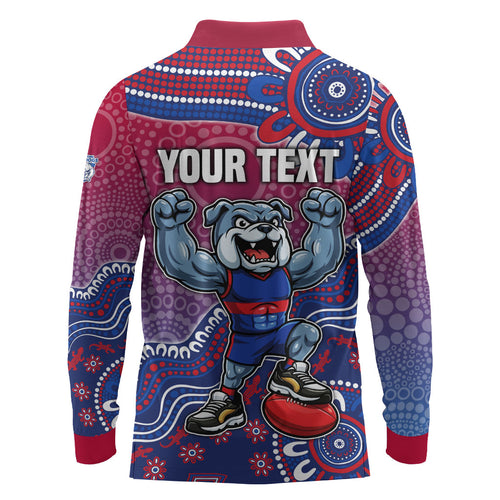 Personalized Western Bulldogs Football Mascot Long Sleeve Polo Shirt Aboriginal Dot Art Style Vibrant Indigenous Pattern Design