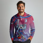 Personalized Western Bulldogs Football Mascot Long Sleeve Polo Shirt Aboriginal Dot Art Style Vibrant Indigenous Pattern Design