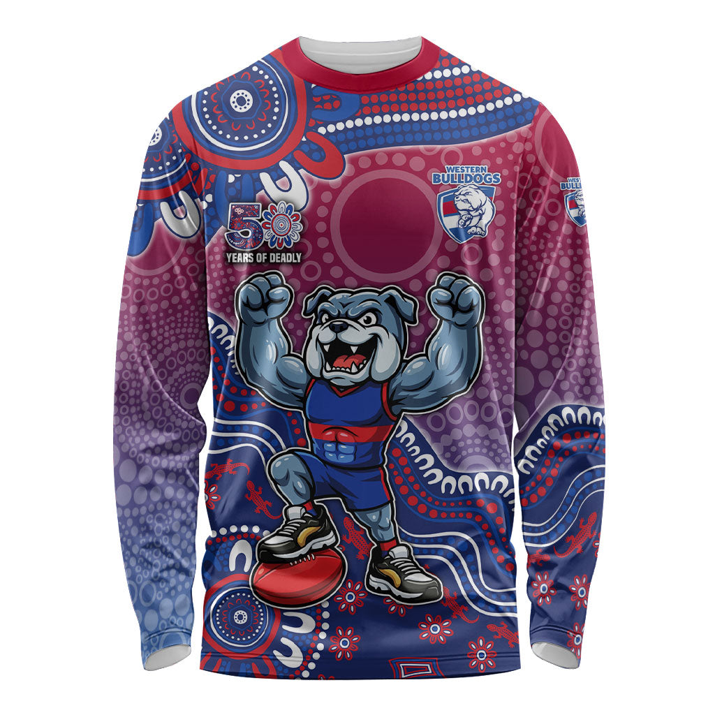 Personalized Western Bulldogs Football Mascot Long Sleeve Shirt Aboriginal Dot Art Style Vibrant Indigenous Pattern Design