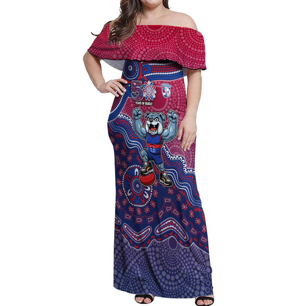 Personalized Western Bulldogs Football Mascot Off Shoulder Maxi Dress Aboriginal Dot Art Style Vibrant Indigenous Pattern Design