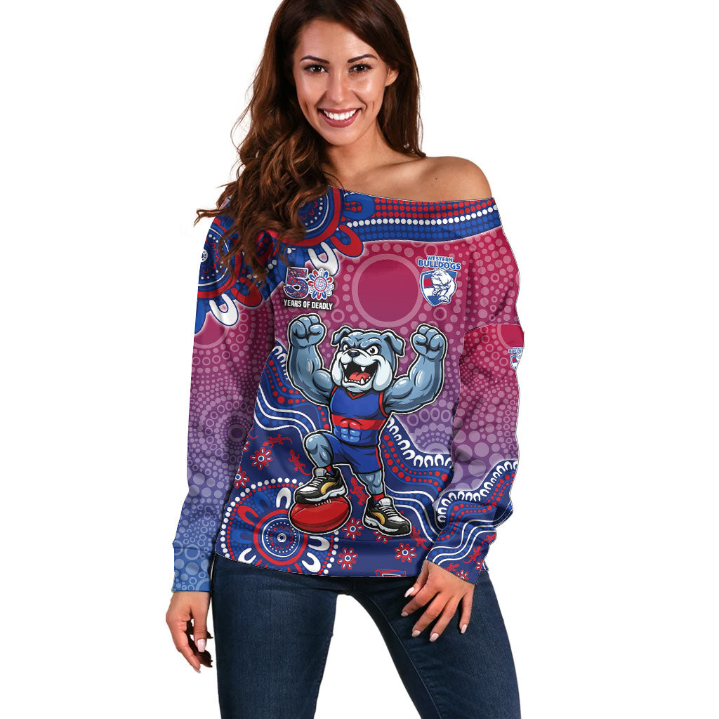 Personalized Western Bulldogs Football Mascot Off Shoulder Sweater Aboriginal Dot Art Style Vibrant Indigenous Pattern Design
