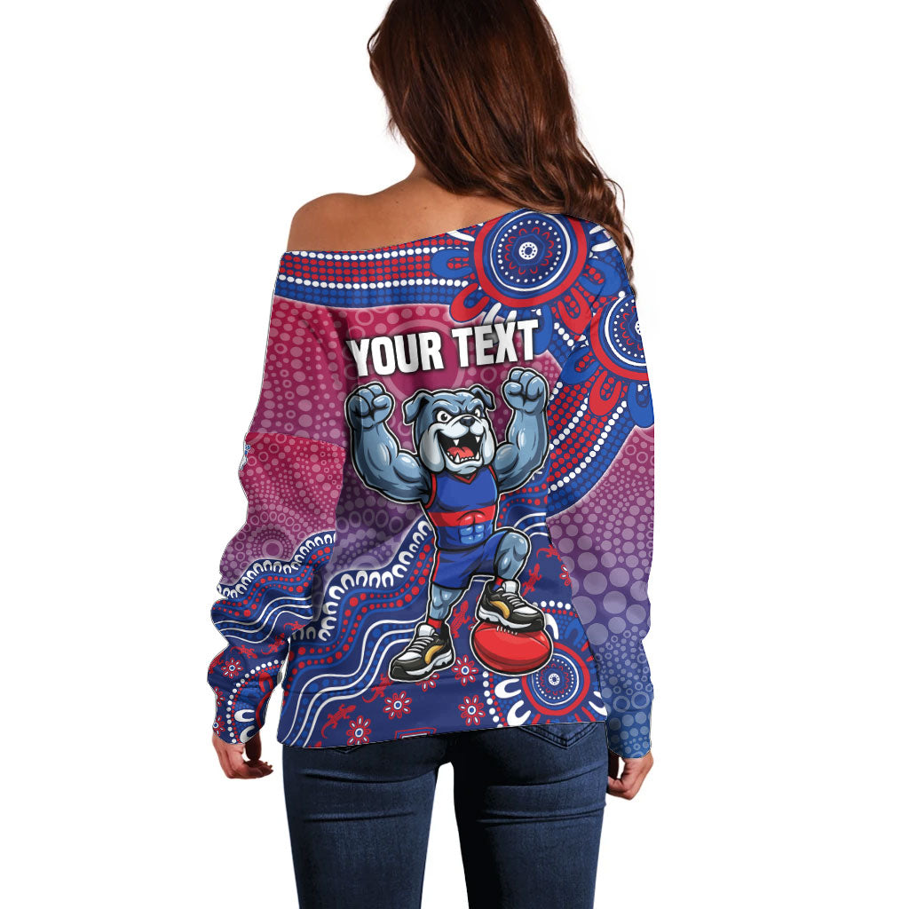 Personalized Western Bulldogs Football Mascot Off Shoulder Sweater Aboriginal Dot Art Style Vibrant Indigenous Pattern Design