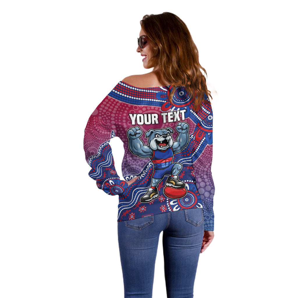 Personalized Western Bulldogs Football Mascot Off Shoulder Sweater Aboriginal Dot Art Style Vibrant Indigenous Pattern Design