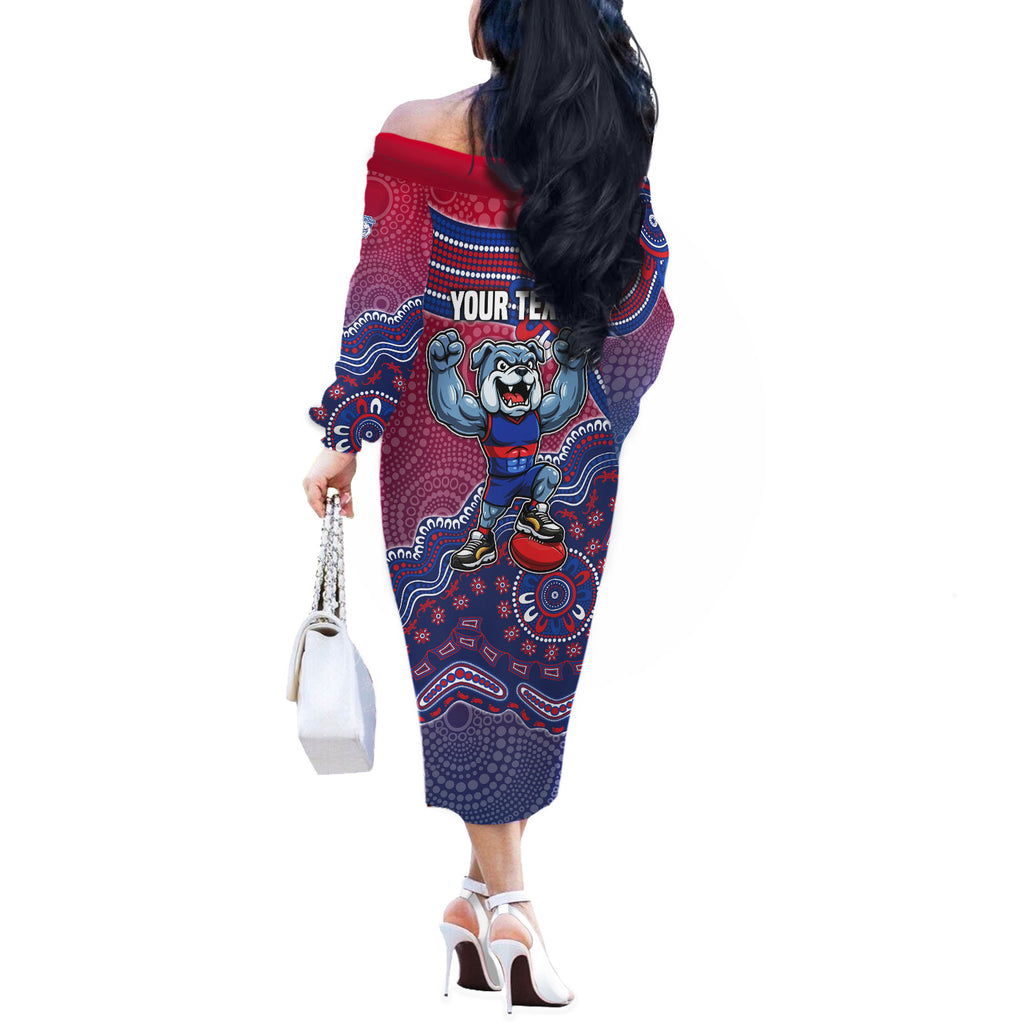 Personalized Western Bulldogs Football Mascot Off The Shoulder Long Sleeve Dress Aboriginal Dot Art Style Vibrant Indigenous Pattern Design