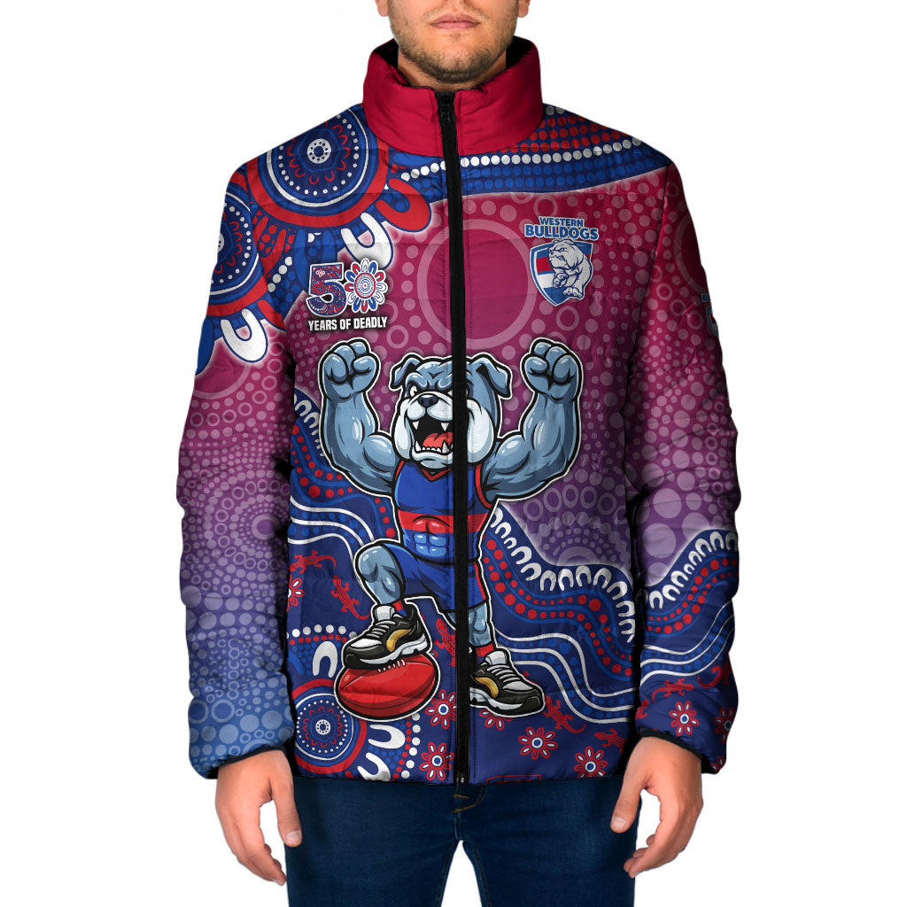 Personalized Western Bulldogs Football Mascot Padded Jacket Aboriginal Dot Art Style Vibrant Indigenous Pattern Design