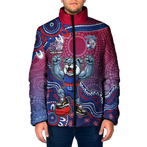 Personalized Western Bulldogs Football Mascot Padded Jacket Aboriginal Dot Art Style Vibrant Indigenous Pattern Design