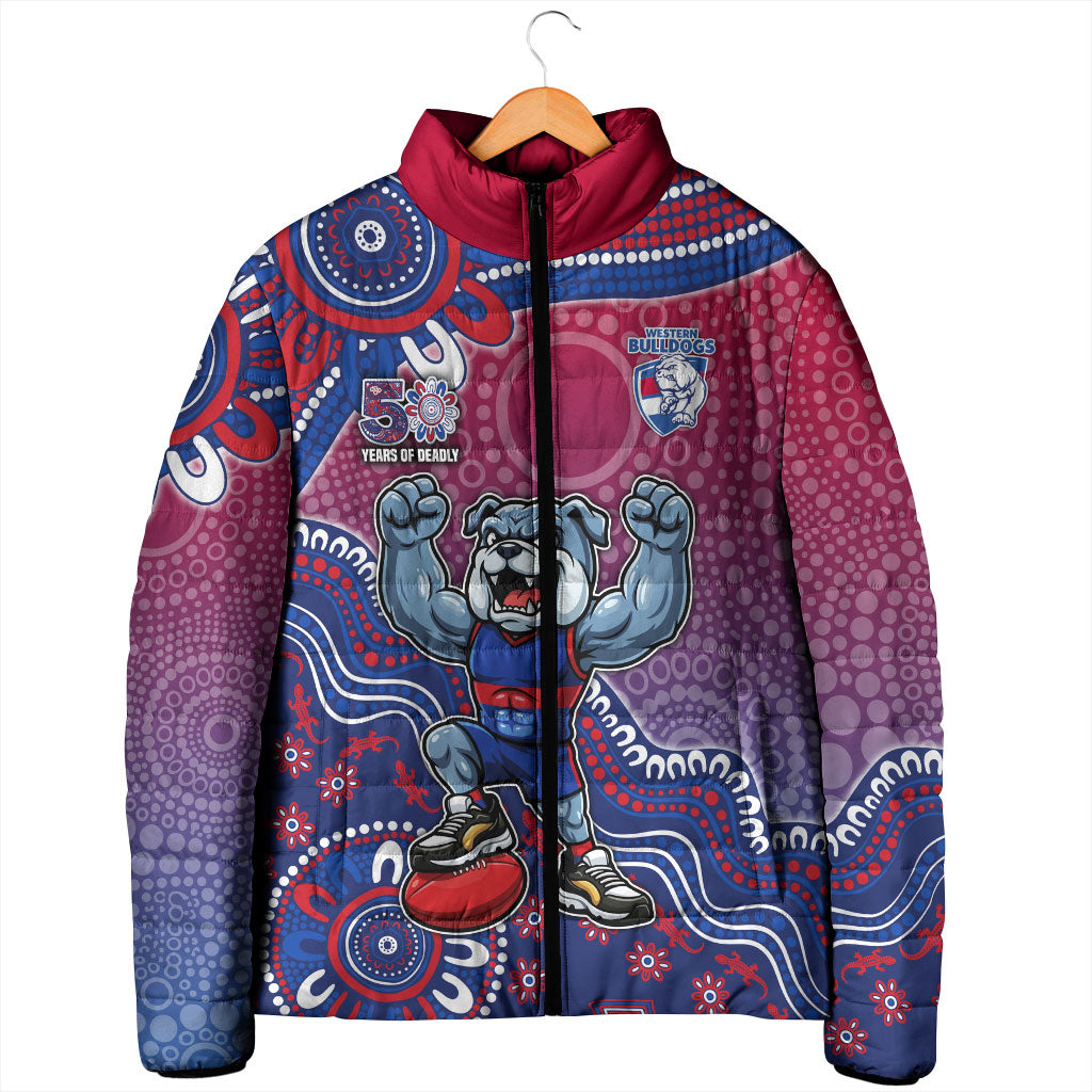Personalized Western Bulldogs Football Mascot Padded Jacket Aboriginal Dot Art Style Vibrant Indigenous Pattern Design