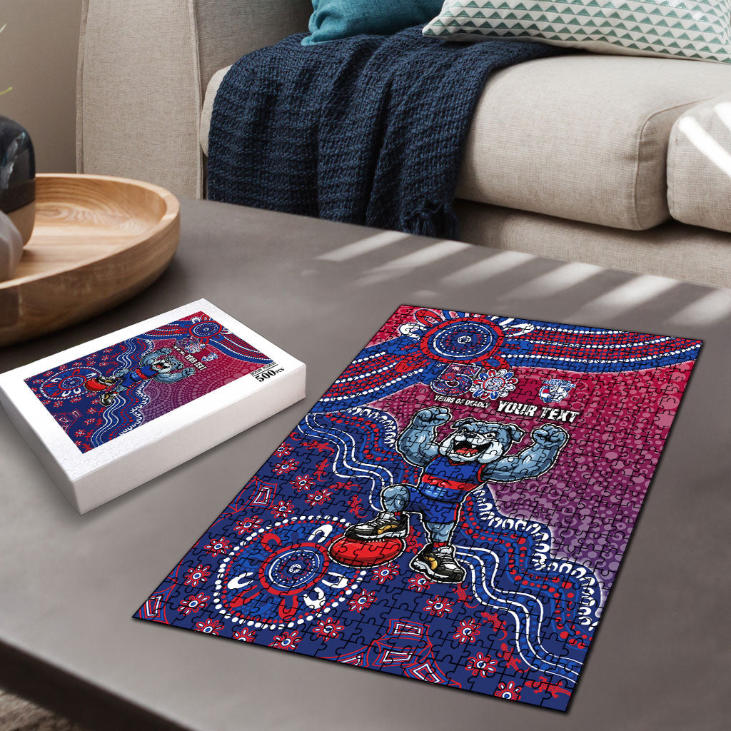 Personalized Western Bulldogs Football Mascot Puzzle Aboriginal Dot Art Style Vibrant Indigenous Pattern Design