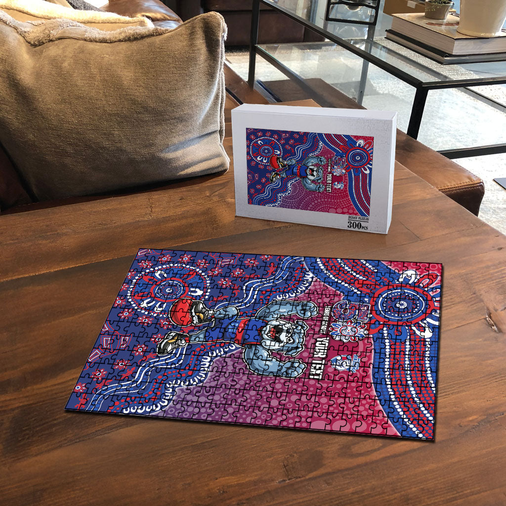 Personalized Western Bulldogs Football Mascot Puzzle Aboriginal Dot Art Style Vibrant Indigenous Pattern Design