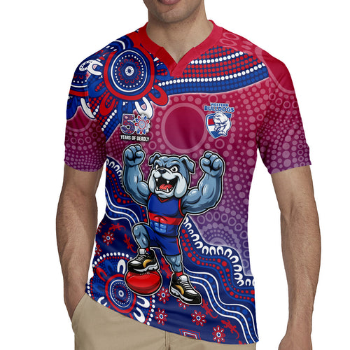 Personalized Western Bulldogs Football Mascot Rugby Jersey Aboriginal Dot Art Style Vibrant Indigenous Pattern Design