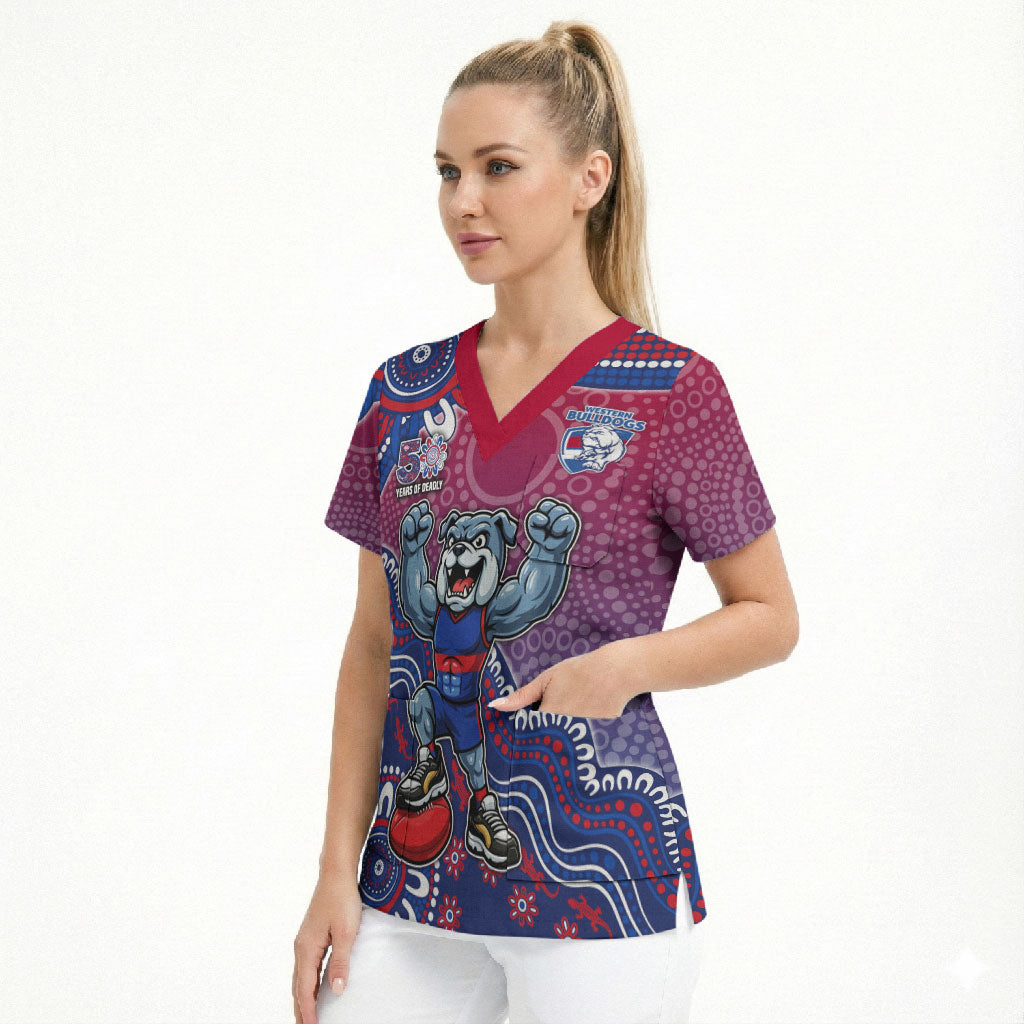 Personalized Western Bulldogs Football Mascot Scrub Top Aboriginal Dot Art Style Vibrant Indigenous Pattern Design