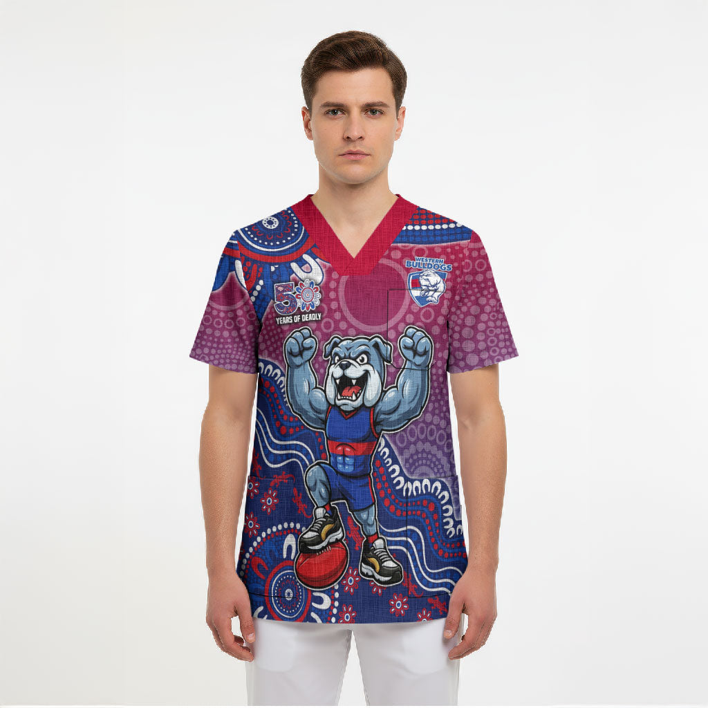 Personalized Western Bulldogs Football Mascot Scrub Top Aboriginal Dot Art Style Vibrant Indigenous Pattern Design