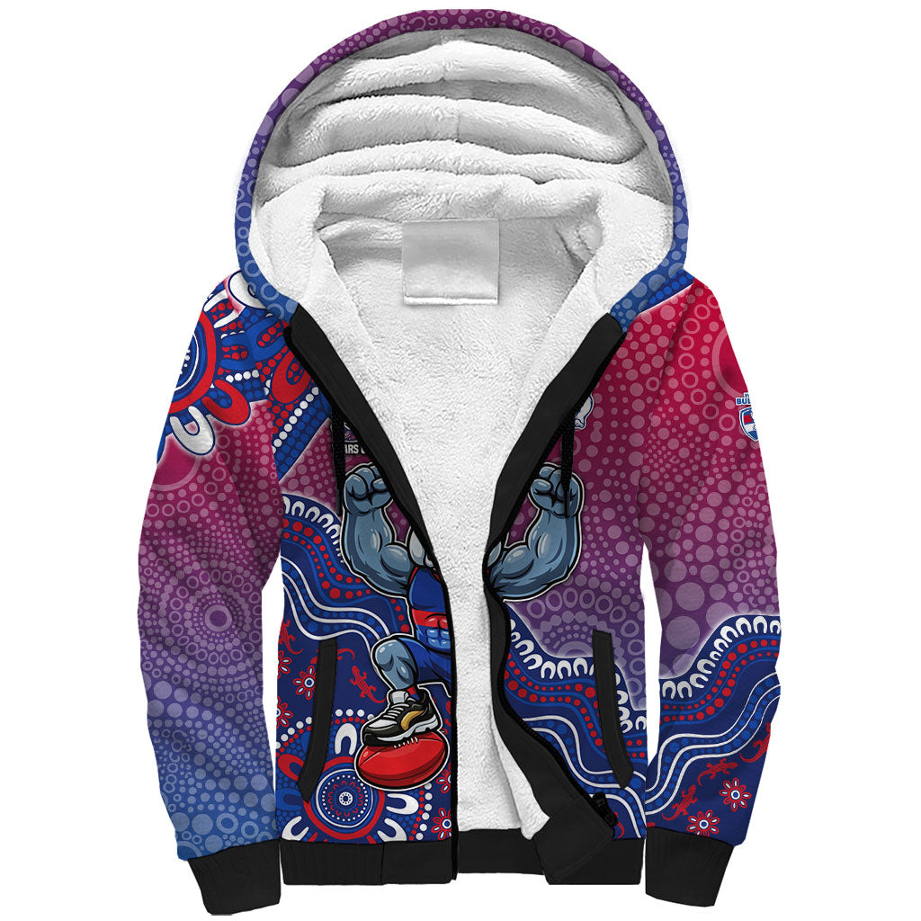 Personalized Western Bulldogs Football Mascot Sherpa Hoodie Aboriginal Dot Art Style Vibrant Indigenous Pattern Design
