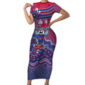 Personalized Western Bulldogs Football Mascot Short Sleeve Bodycon Dress Aboriginal Dot Art Style Vibrant Indigenous Pattern Design