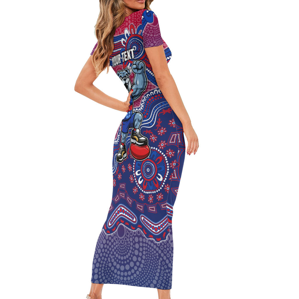 Personalized Western Bulldogs Football Mascot Short Sleeve Bodycon Dress Aboriginal Dot Art Style Vibrant Indigenous Pattern Design