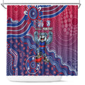 Personalized Western Bulldogs Football Mascot Shower Curtain Aboriginal Dot Art Style Vibrant Indigenous Pattern Design