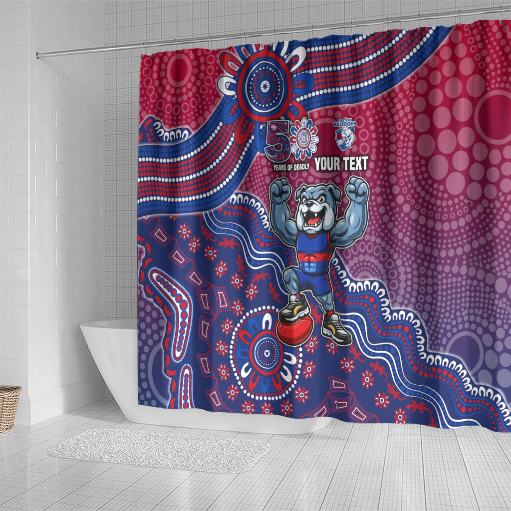 Personalized Western Bulldogs Football Mascot Shower Curtain Aboriginal Dot Art Style Vibrant Indigenous Pattern Design