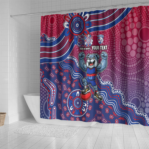 Personalized Western Bulldogs Football Mascot Shower Curtain Aboriginal Dot Art Style Vibrant Indigenous Pattern Design