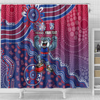 Personalized Western Bulldogs Football Mascot Shower Curtain Aboriginal Dot Art Style Vibrant Indigenous Pattern Design