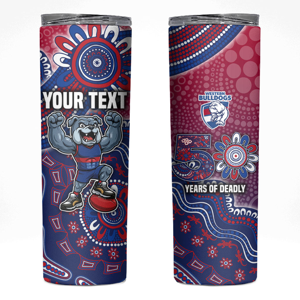 Personalized Western Bulldogs Football Mascot Skinny Tumbler Aboriginal Dot Art Style Vibrant Indigenous Pattern Design