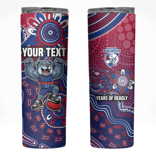 Personalized Western Bulldogs Football Mascot Skinny Tumbler Aboriginal Dot Art Style Vibrant Indigenous Pattern Design
