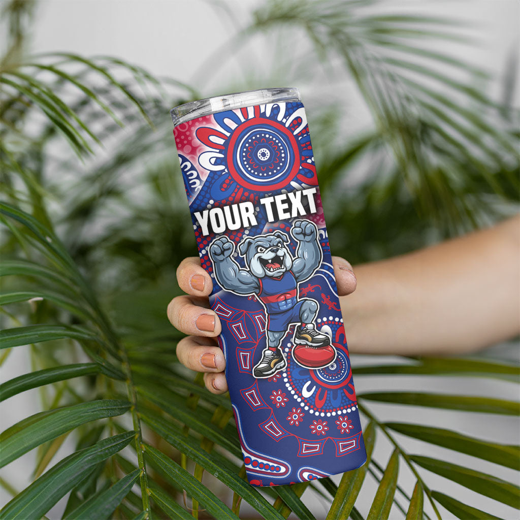 Personalized Western Bulldogs Football Mascot Skinny Tumbler Aboriginal Dot Art Style Vibrant Indigenous Pattern Design