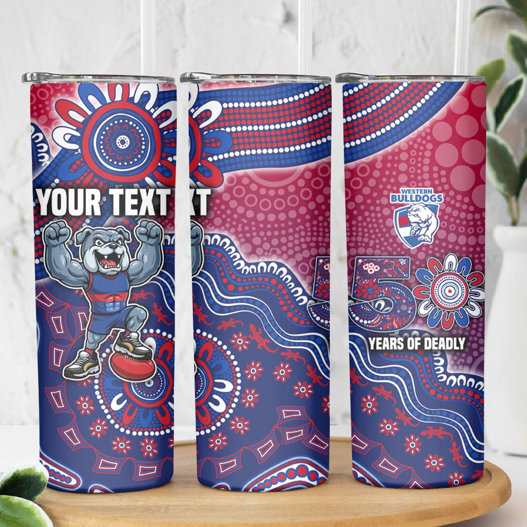 Personalized Western Bulldogs Football Mascot Skinny Tumbler Aboriginal Dot Art Style Vibrant Indigenous Pattern Design
