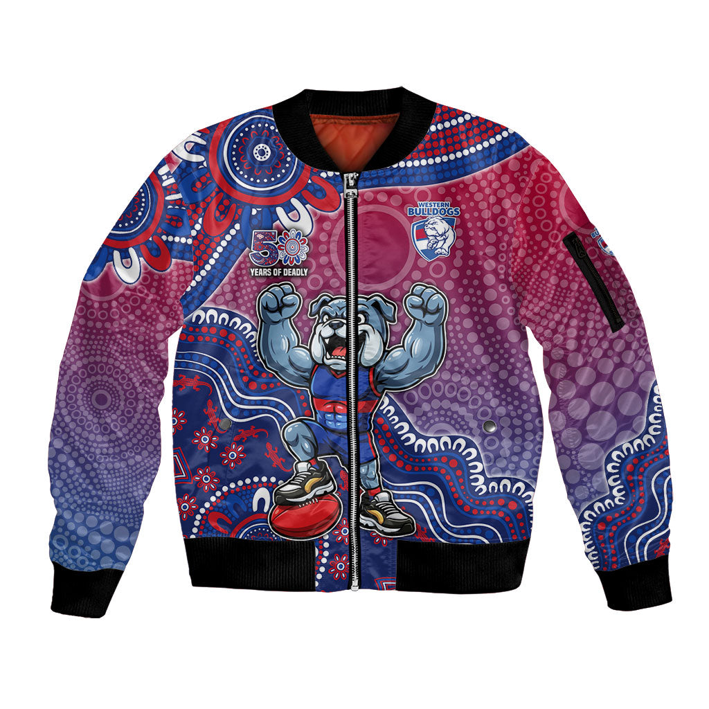 Personalized Western Bulldogs Football Mascot Sleeve Zip Bomber Jacket Aboriginal Dot Art Style Vibrant Indigenous Pattern Design